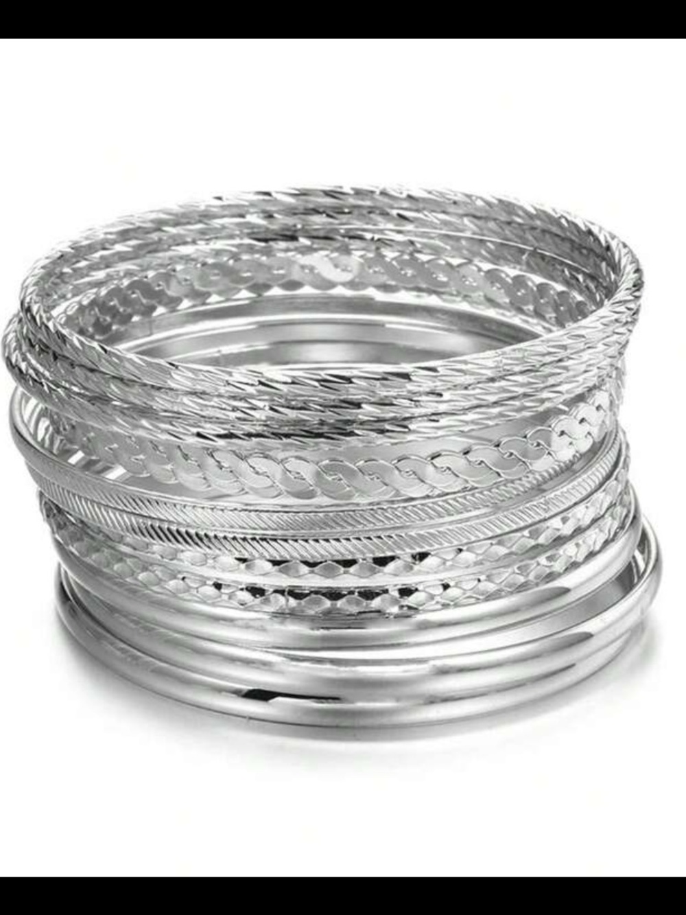 Silver Multi-Textured Bangle Bracelet Set - Women Jewelry (10 pieces in a set)